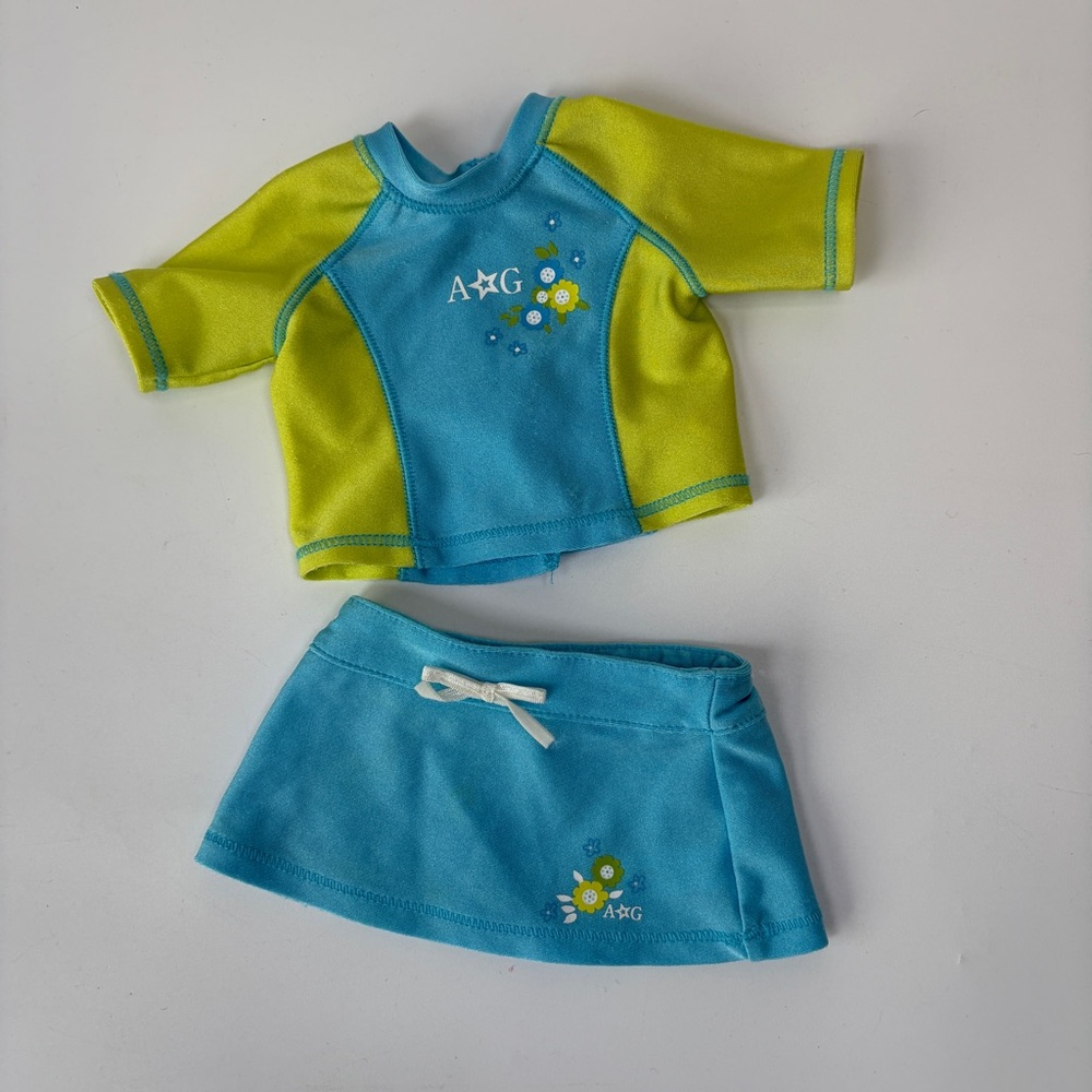 American‎ Girl 2 In 1 Surf Swim Suit Blue Green Rashguard & Skirt
